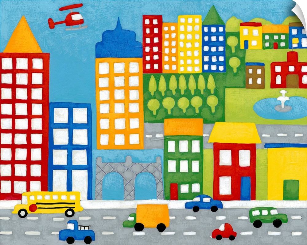 Artwork perfect for a child's room of colorful buildings that has a street in front with cars and trucks.