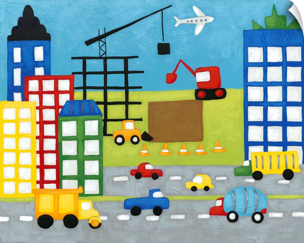 Colorful children's artwork of street with cars lined with tall buildings with crane and construction cones in the distance.