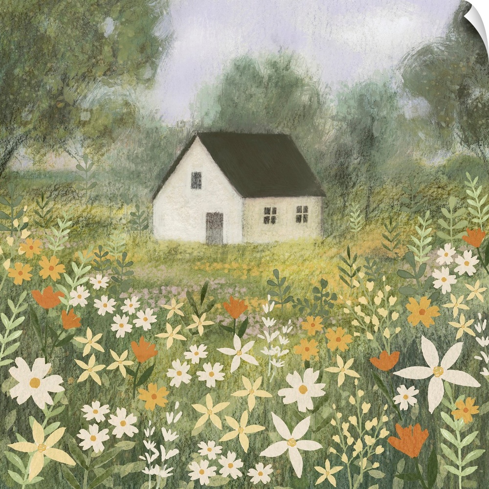 A sweet little illustration of a small white house sitting in a meadow of wildflowers in shades of orange, yellow and green