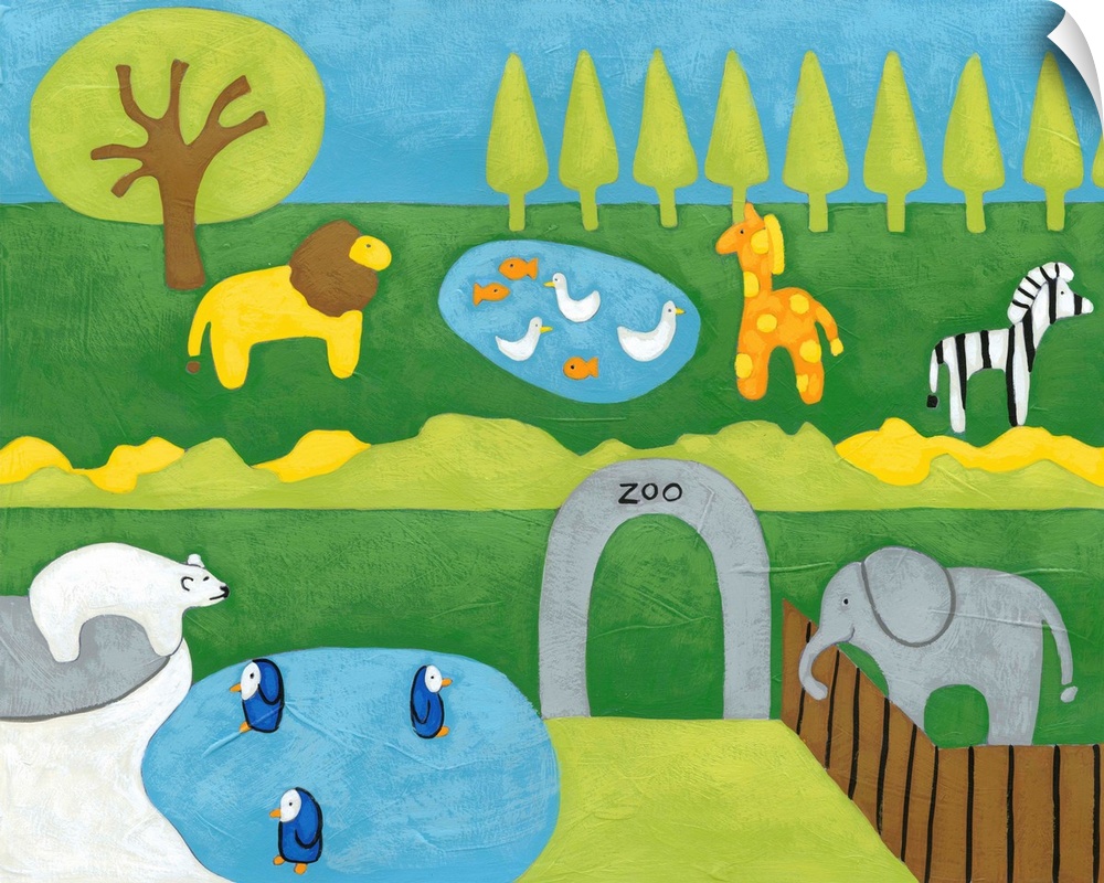 Whimsical children's art of animals including a lion, zebra, ducks, a giraffe, polar bear, elephant, and penguins.