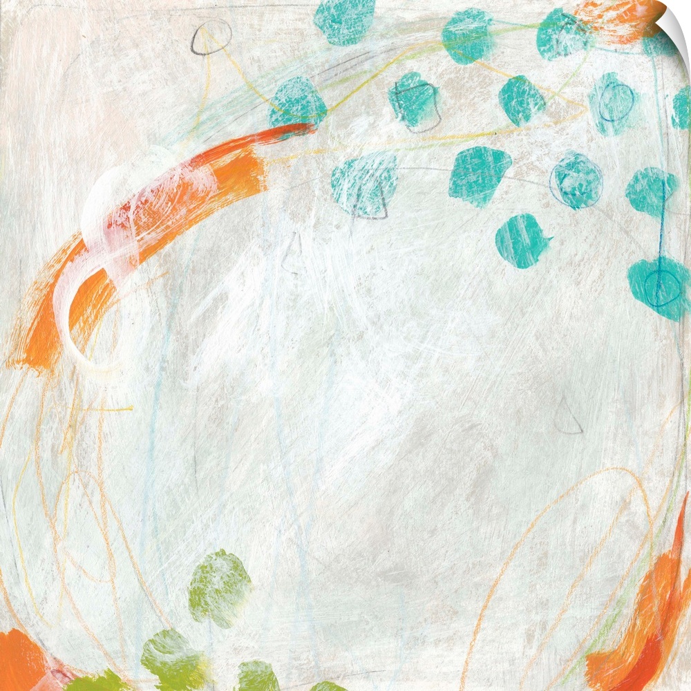Abstract painting with bright blue and green dots on a pale background.