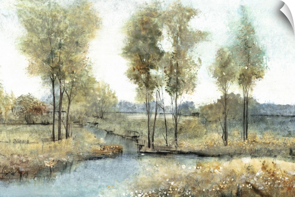 Contemporary painting of trees in a meadow by a stream.