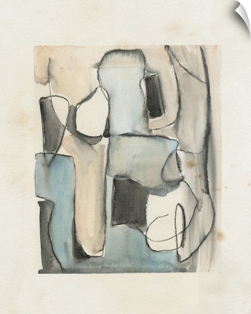 A subdue abstract watercolor of black outlined curved shapes in muted colors on a cream background.
