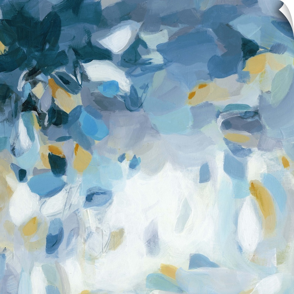 Contemporary abstract art using soft pale colors mixing together to create depth.