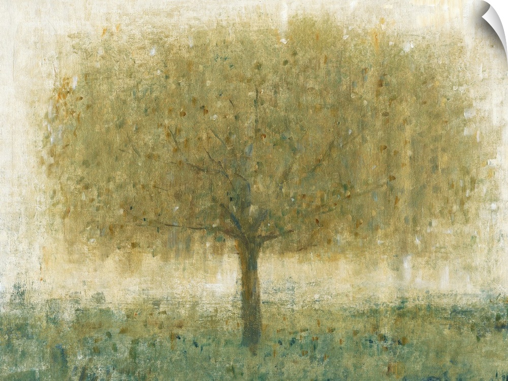 Contemporary painting of a tree with dense leafy branches.