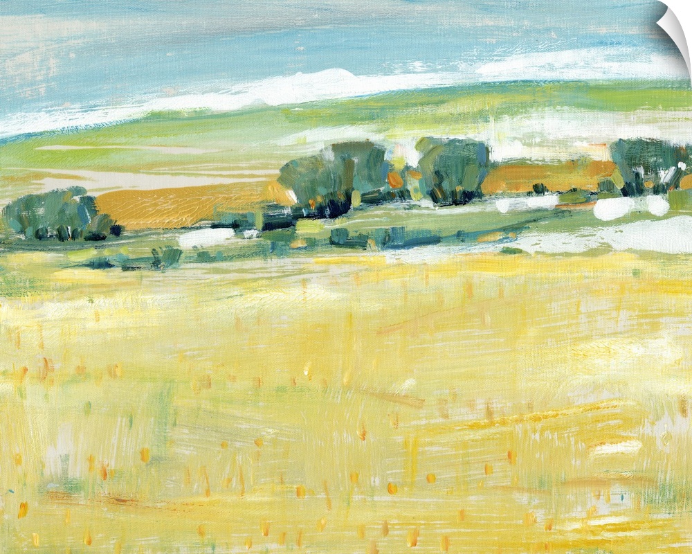 This contemporary artwork features long horizontal and short vertical brush strokes to create rolling yellow grasses again...