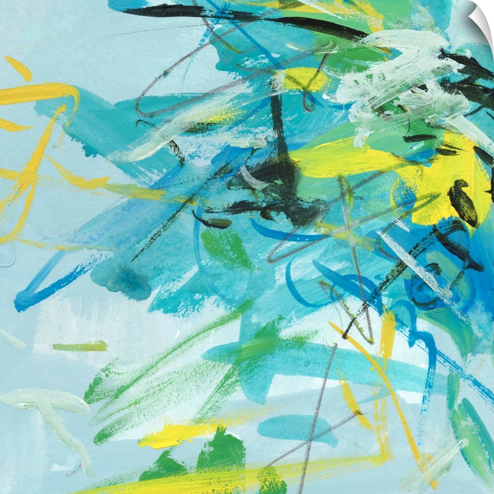 Bright blue and green brustrokes come together to construct this painted summer symphony.