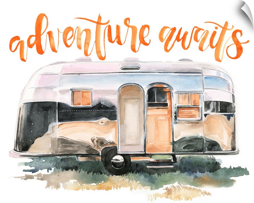 Fun watercolor painting of a caravan with text "Adventure awaits."
