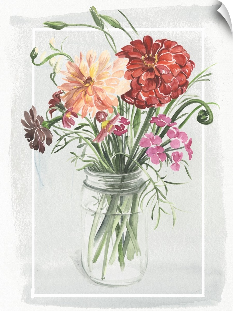 Watercolor painting of a bouquet of summer flowers in a glass jar, with a thin white border.