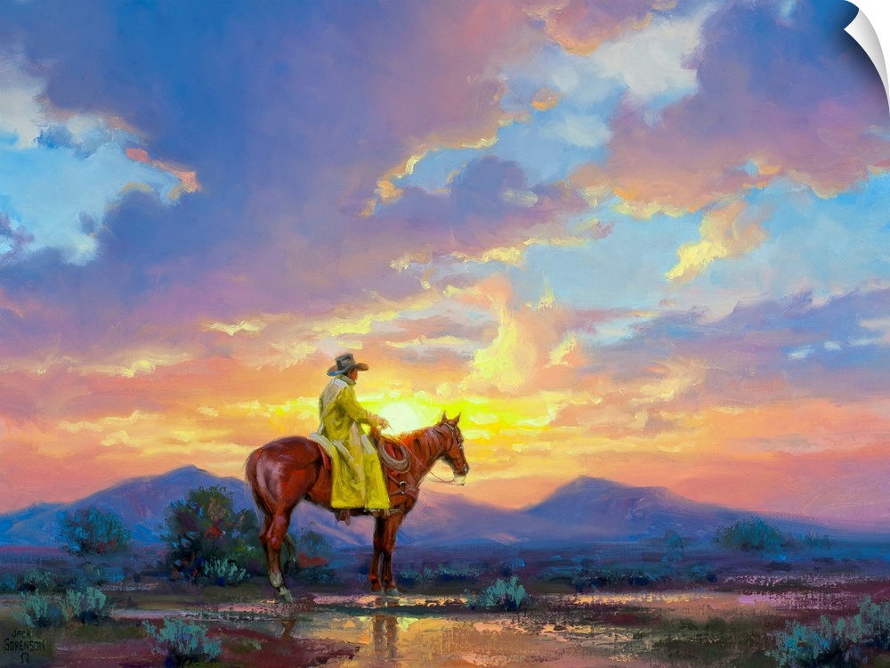 Painting of man in trench coat on horse in desert at sunset.  There are mountains in the distance.