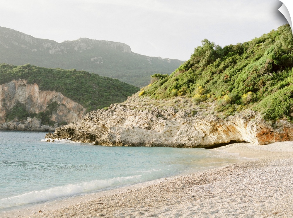 Photograph of a rocky beach, Corfu, Greece.