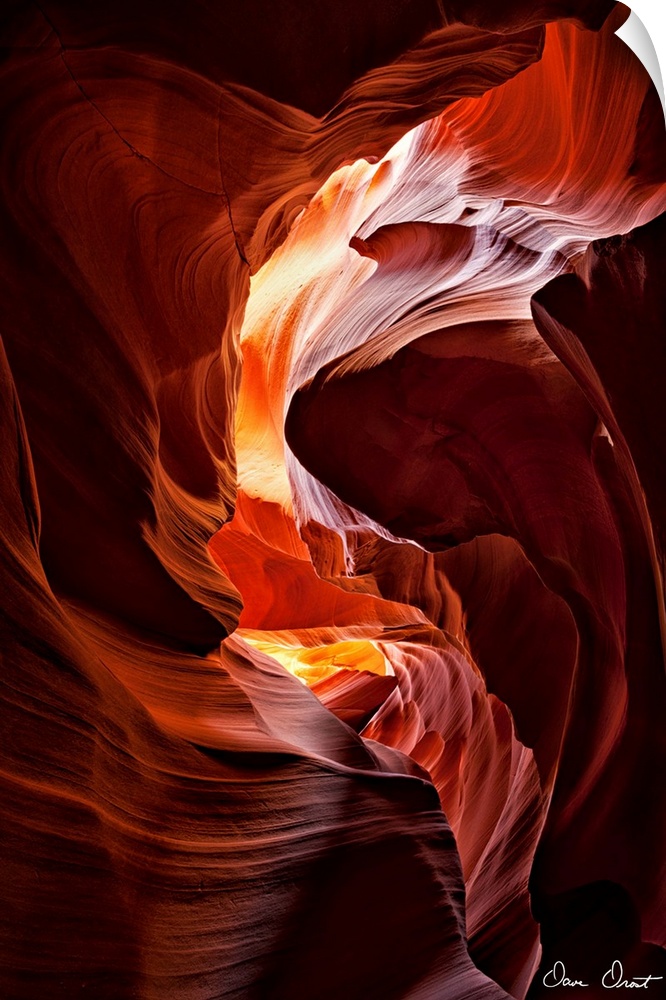 Photograph of the sun shining through the center of a textured red and orange canyon.