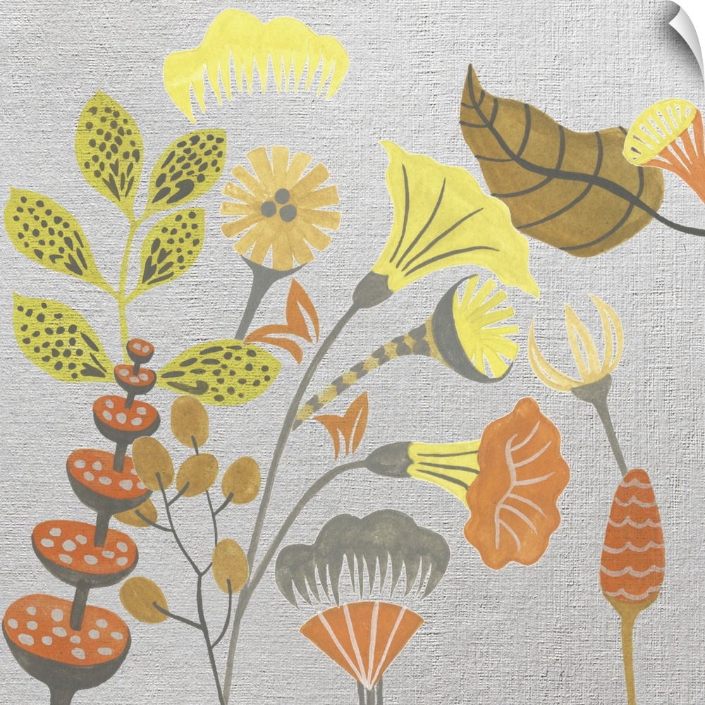 Artistic painting of wild flowers done in warm citrus colors on a gray linen textured backdrop.