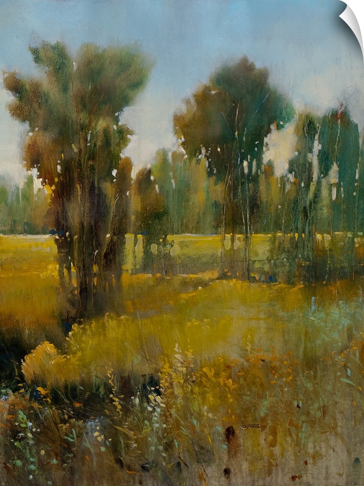 Contemporary painting of a meadow clearing in a countryside environment.