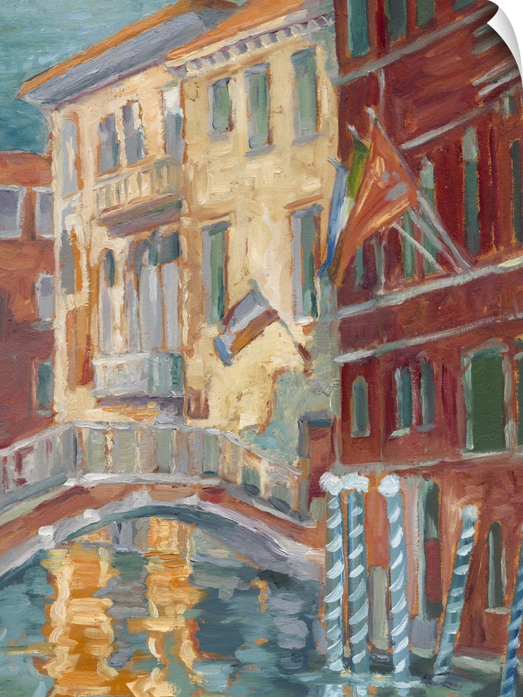 Contemporary painting of a bridge over a canal in Venice, Italy during sunset.