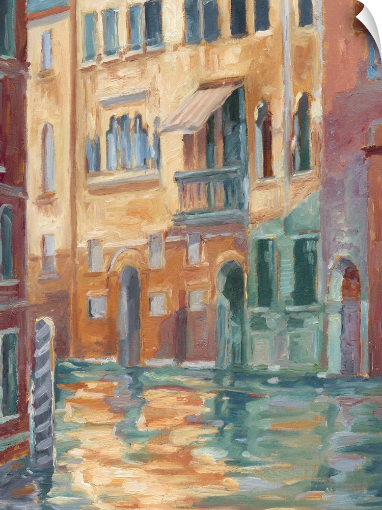 Contemporary painting of a canal in Venice, Italy during sunset.
