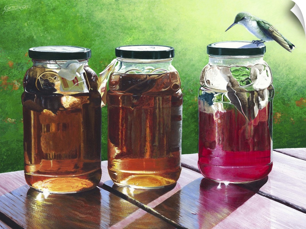 Contemporary wildlife painting of a humming bird investigating three jars of fresh, homemade tea.