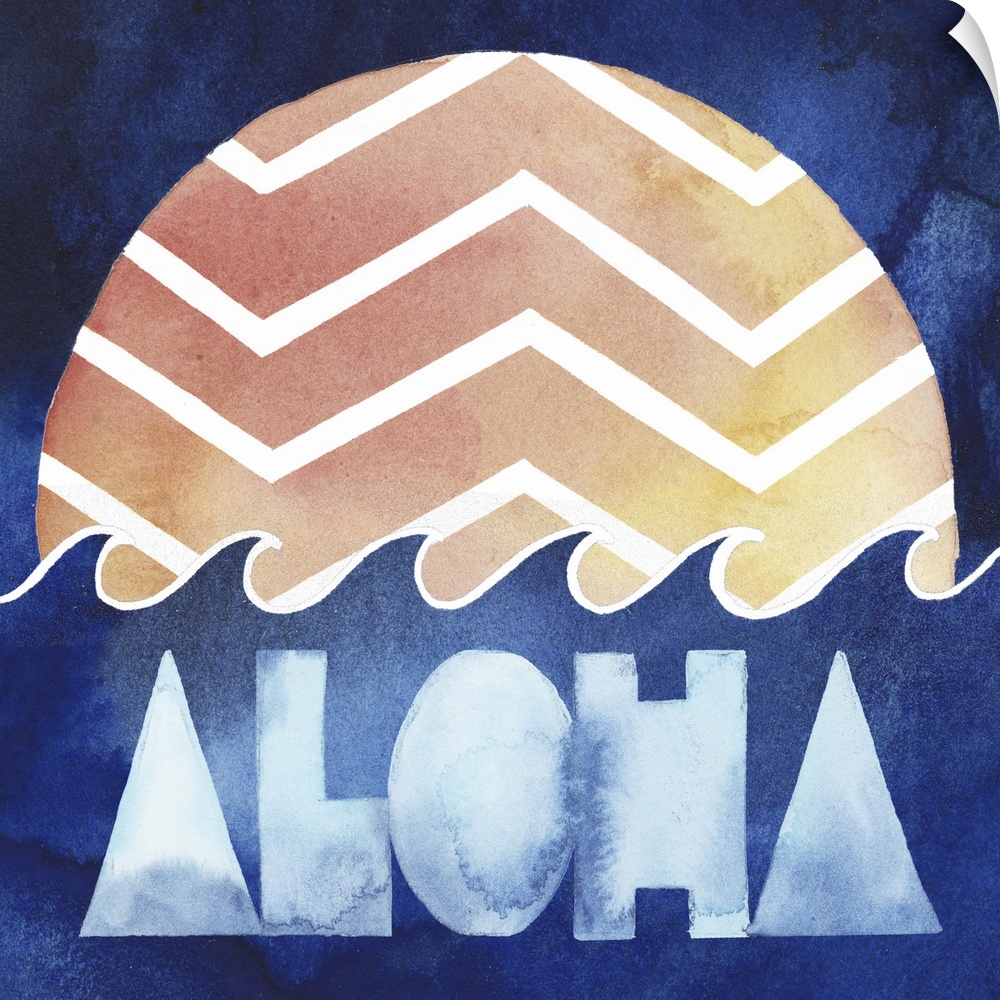 Retro style watercolor artwork with a patterned sun and waves, with the word "Aloha."