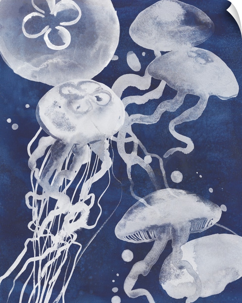 Painting of several white jellyfish swimming in the ocean.