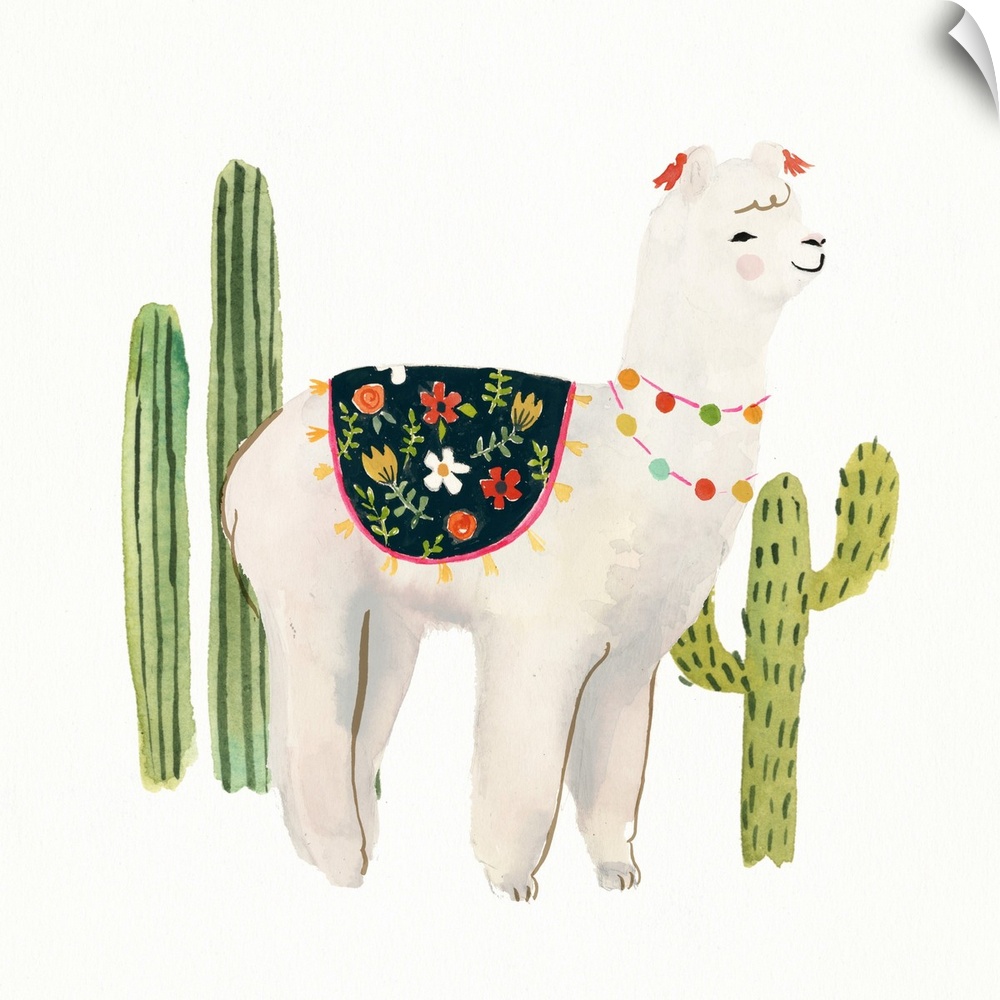 Festive watercolor alpaca in a southwestern landscape with cacti in the background.