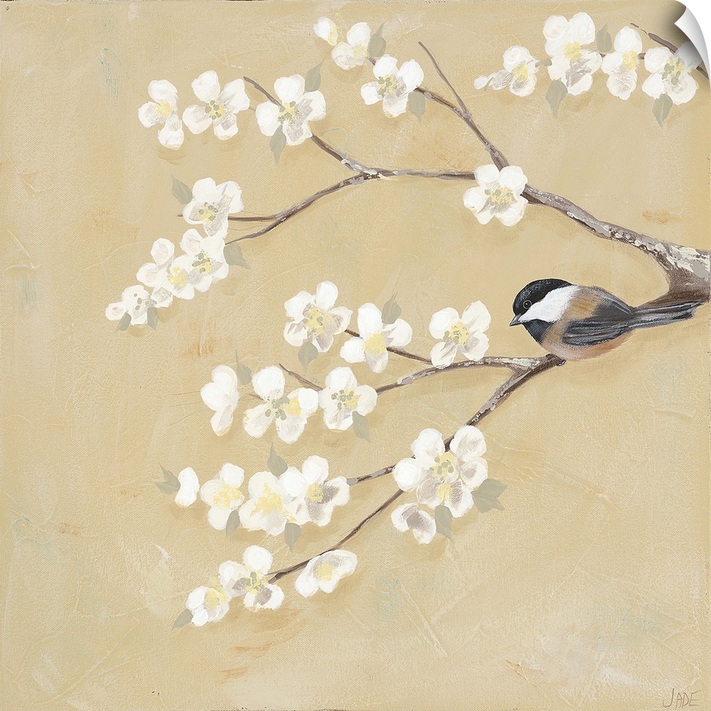 Contemporary artwork of a little chickadee bird on a blossoming tree branch.