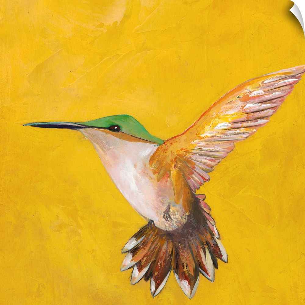Contemporary painting of a hummingbird hovering against a yellow background.