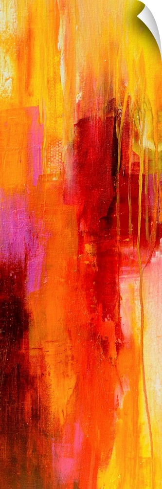 Contemporary vertical panoramic painting of colorful linear brush strokes and running paint.