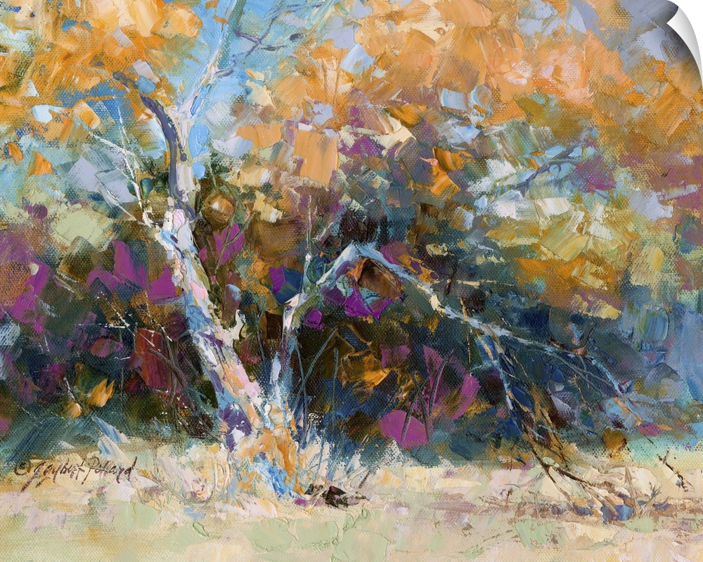 Contemporary vibrant landscape painting of an autumn foliage tree.
