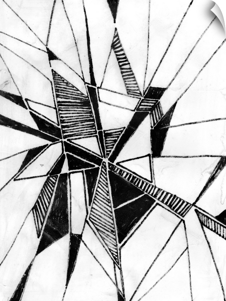 Black and white drawing of triangular patterned shapes.