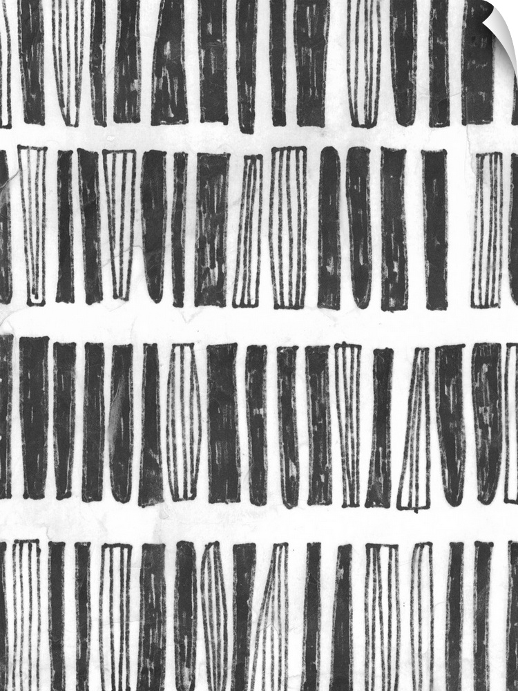 Black and white drawing of striped and solid vertical blocks.