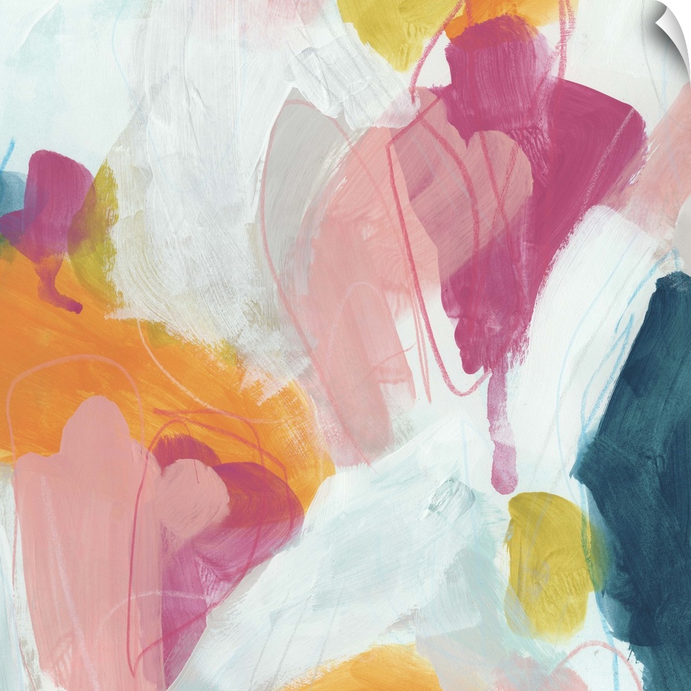 Abstract contemporary artwork with bright pink and yellow against deep blue.