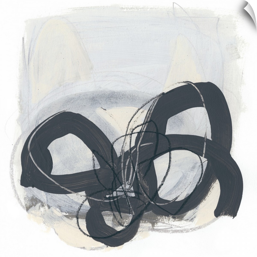 Square abstract painting of thick black circles overlapping and fine scribble lines of gray and black on a gray and cream ...