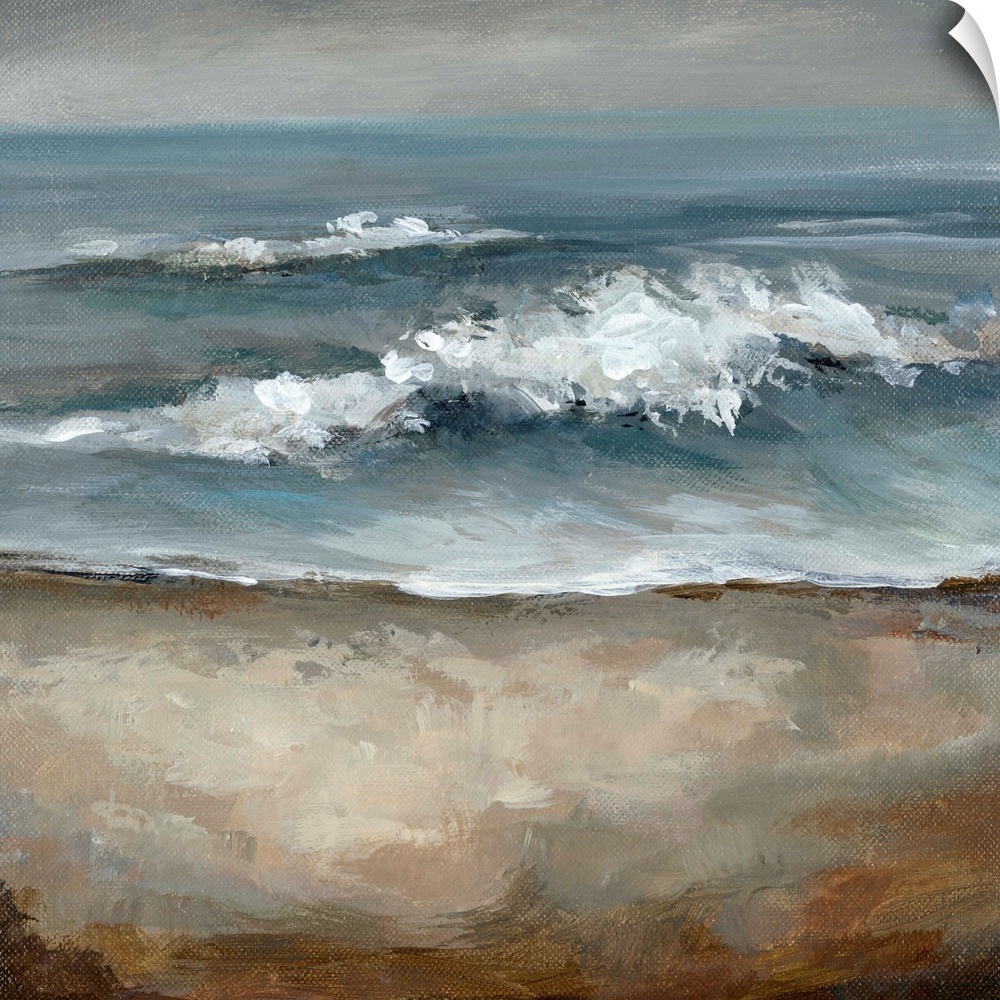 Big square painting of crashing waves on a shore with storm clouds in the background.