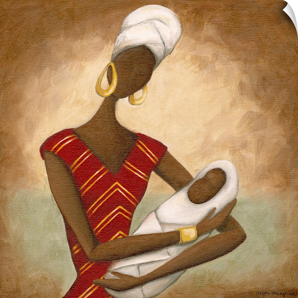 The figure of an African woman is drawn holding her baby that is swaddled in a blanket so only their face is shown.