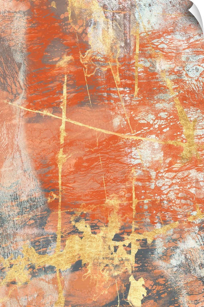 Contemporary abstract painting in bold, rusty orange and gold with a weathered effect.