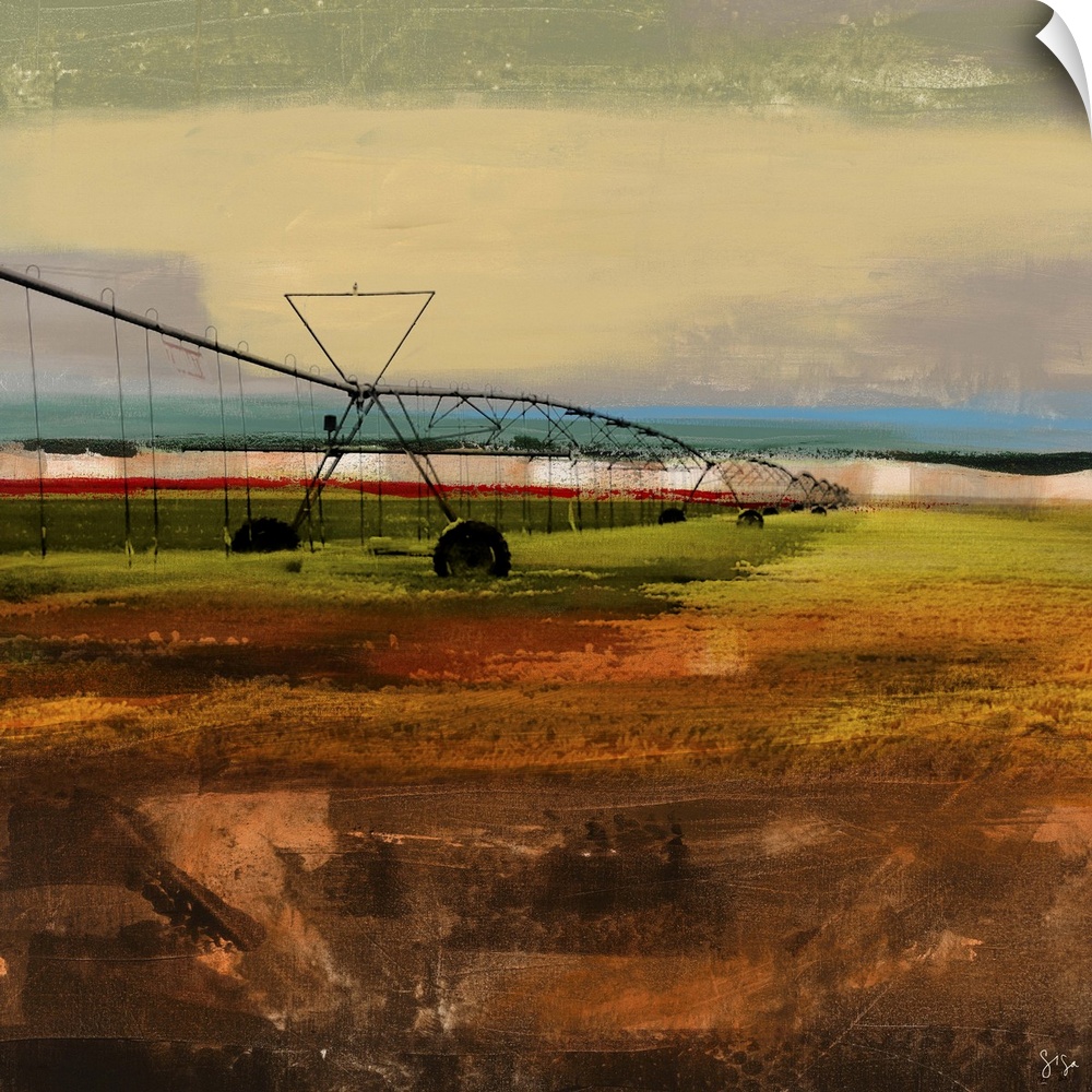Abstract artwork of farming watering device against a multi-layered and colored surrounding.
