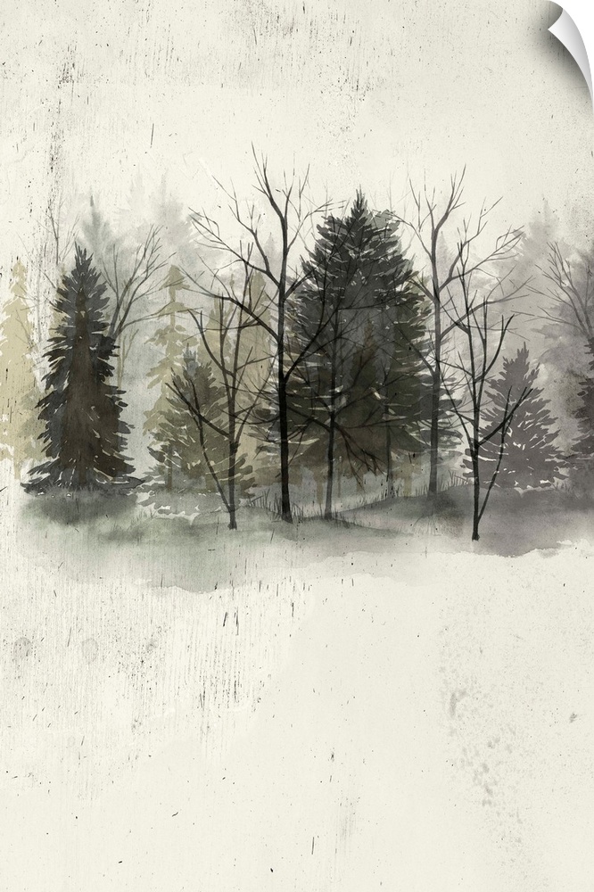 Contemporary artwork of a dark forest at the edge of a clearing.