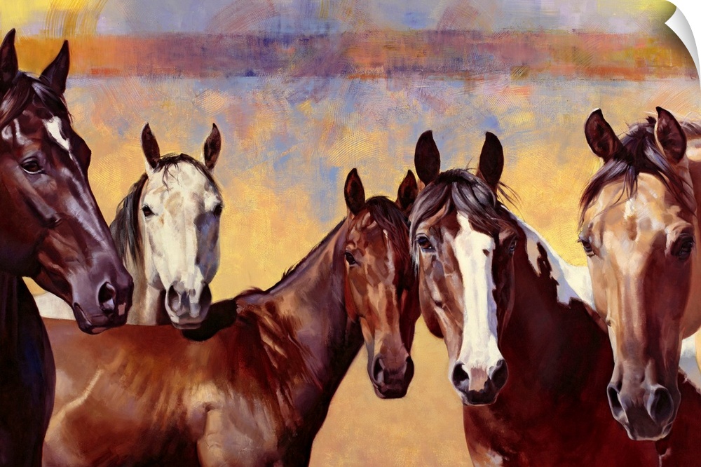 Contemporary artwork of horses that are all standing together and looking straight at you. The background contains a mixtu...