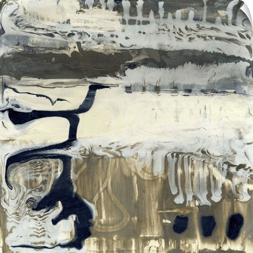 Contemporary abstract painting using muted neutral tones swirling around in a liquid state.
