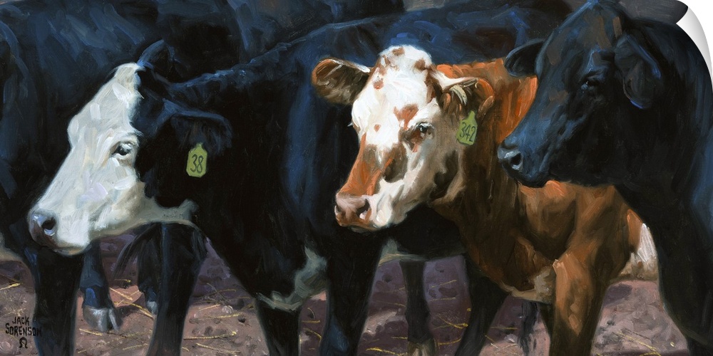 Contemporary painting of three cows standing in a herd.