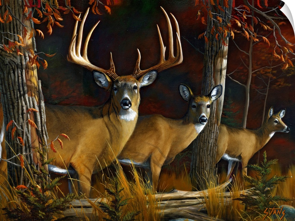 Painting of three deer in forest with fallen tree log in front of them.