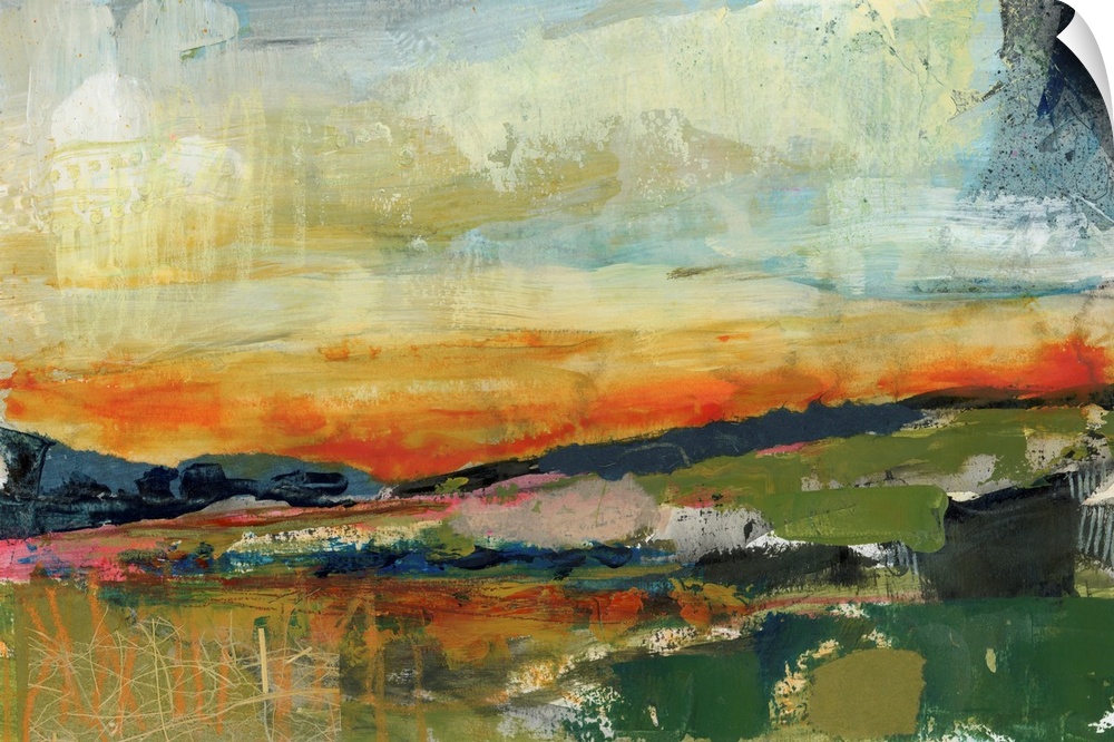 A bright, contemporary abstract painting resembling a landscape at sunset