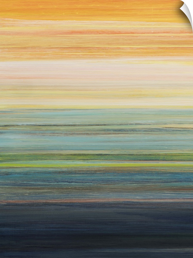 Contemporary abstract painting of layered colors resembling a sunset.