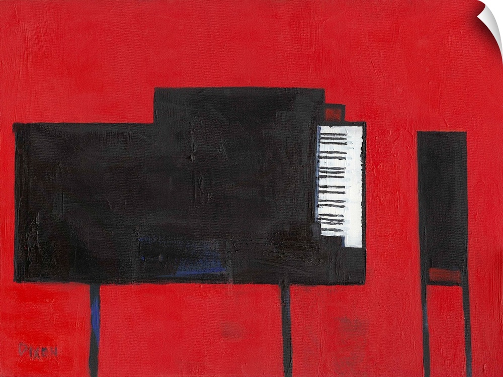 Contemporary painting of a black grand piano and bench on red.