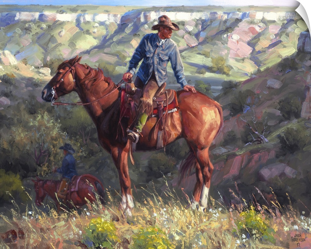 Contemporary painting of a cowboy on a chestnut horse overlooking a western valley landscape.
