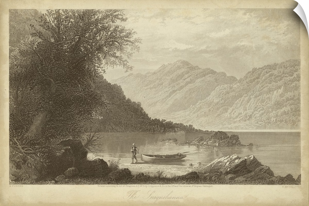 Vintage artwork of a lake by the mountains in sepia.