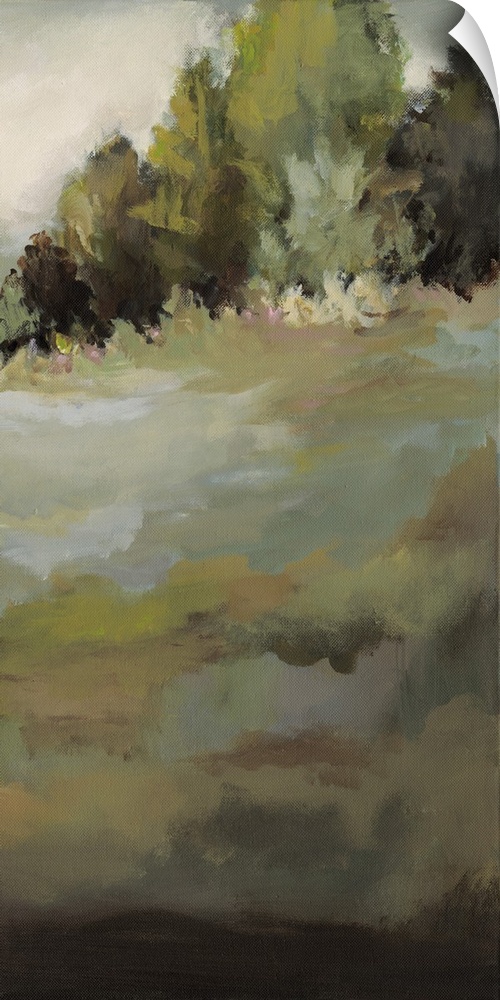 Contemporary abstract painting resembling a landscape with trees.
