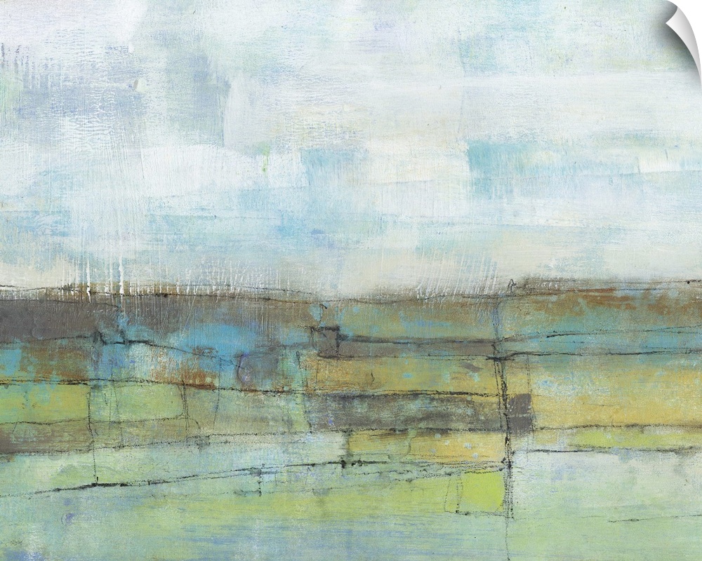 Contemporary abstract painting using green and blue tones to create what looks like a field.