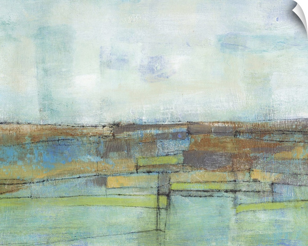 Contemporary abstract painting using green and blue tones to create what looks like a field.
