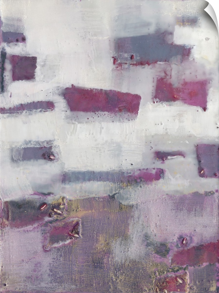 Magenta in blocks of color against milky tones with gold embellishments are featured in this contemporary artwork.